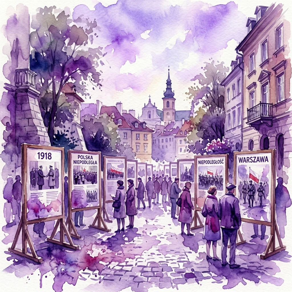 Ilustración en acuarela de una exposición al aire libre en Varsovia que presenta paneles históricos sobre la independencia de Polonia en 1918, con personas observando exhibiciones en calles adoquinadas.