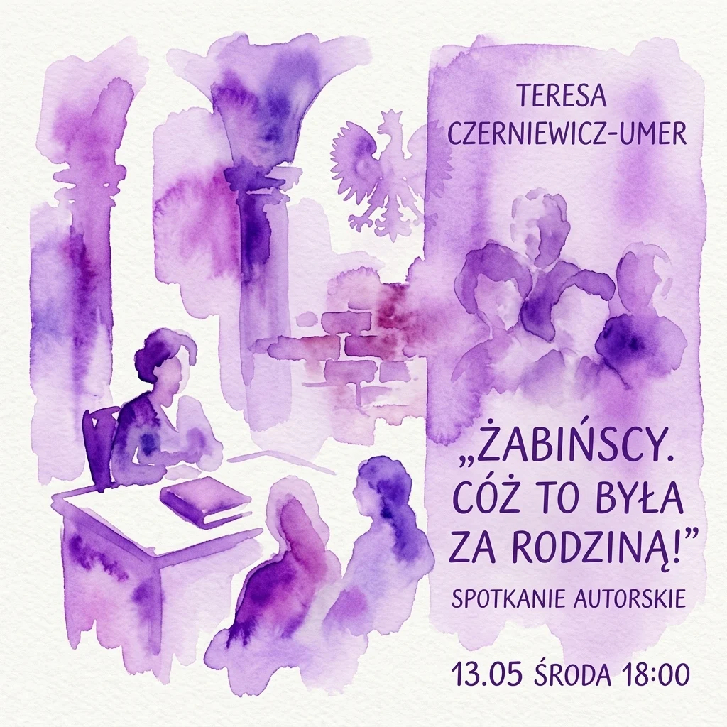Una ilustración en acuarela de un evento de autor con Teresa Czerniewicz-Umer discutiendo su libro 'Żabińscy. Cóż to była za rodzina!' en el History Meeting House, con tonos púrpuras y siluetas de los asistentes.