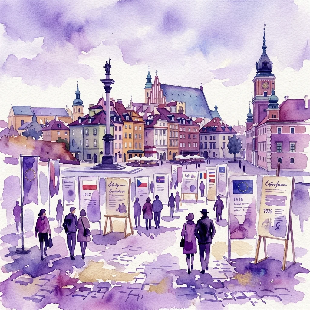 Ilustracja akwarelowa wystawy plenerowej na warszawskim Starym Mieście, przedstawiająca dokumenty historyczne i panele upamiętniające 190. rocznicę pierwszej Konstytucji dla Europy, z ludźmi oglądającymi ekspozycję pod niebem w odcieniach fioletu.