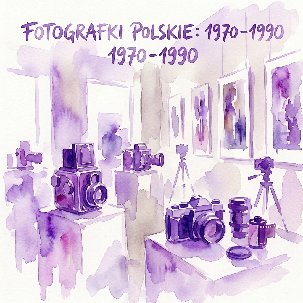 Ilustracja akwarelowa vintage aparatów fotograficznych i sprzętu w galerii, z tekstem 'FOTOGRAFKI POLSKIE: 1970-1990' nawiązującym do wystawy polskich fotografek z lat 1970-1990.