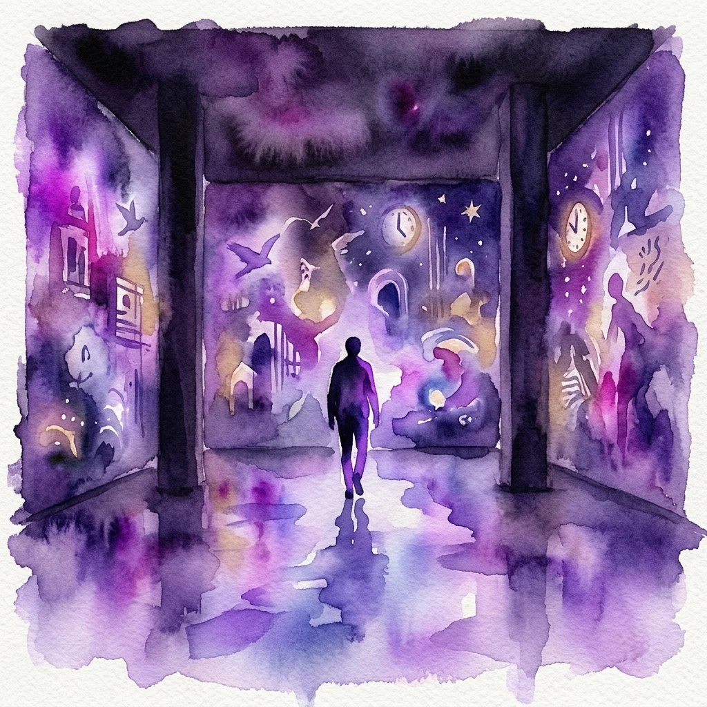 Ilustracja akwarelowa przedstawiająca osobę spacerującą po surrealistycznej, onirycznej przestrzeni galerii z purpurowymi i złotymi projekcjami zegarów, ptaków i abstrakcyjnych postaci na ścianach.