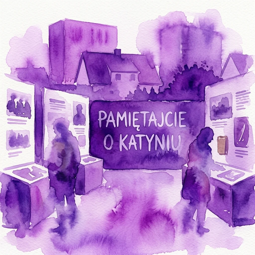 A watercolor illustration of a museum exhibition titled 'Pamiętajcie o Katyniu' (Remember Katyn), featuring display panels, archival photos, and visitors in a solemn gallery space.