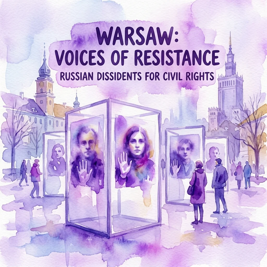 Waterverfillustratie van een buitententoonstelling in Warschau met portretten van Russische dissidenten in vitrines, met kijkende mensen tegen een achtergrond van stadskenmerken.