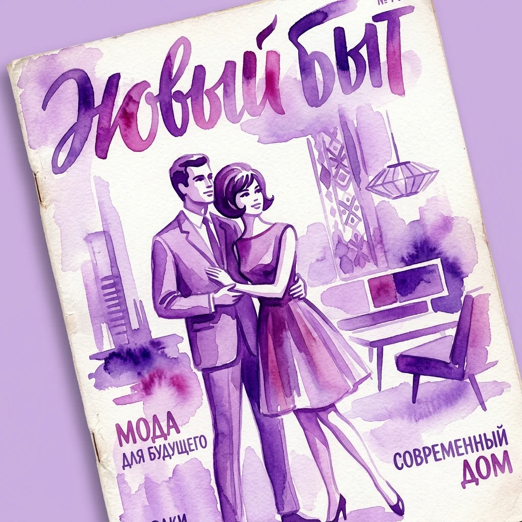 Retro-futuristic magazine cover titled 'Новый Быт' (New Life) from 1960s Poland, featuring a couple in modern attire embracing, with text 'Мода для будущего' (Fashion for the Future) and 'Современный Дом' (Modern Home), illustrating a blend of Western lifestyle aspirations within a socialist context.