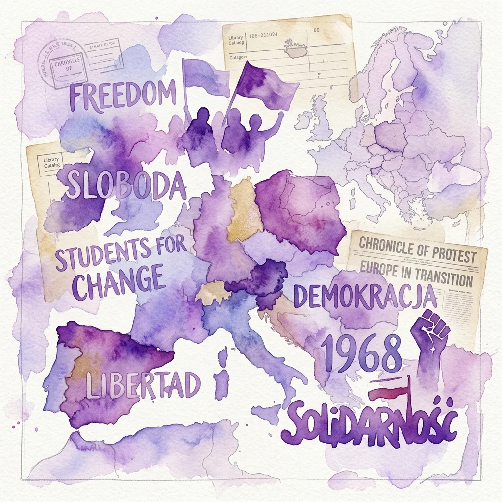 Akwarelowy kolaż mapy Europy z obrazami protestów, zawierający słowa 'Freedom', 'Sloboda', 'Students for Change', 'Demokracja', 'Libertad' i 'Solidarność' w różnych językach, a także rok 1968 i uniesiona pięść, symbolizujące protesty studenckie i dążenie do wolności w Europie Wschodniej i Zachodniej.