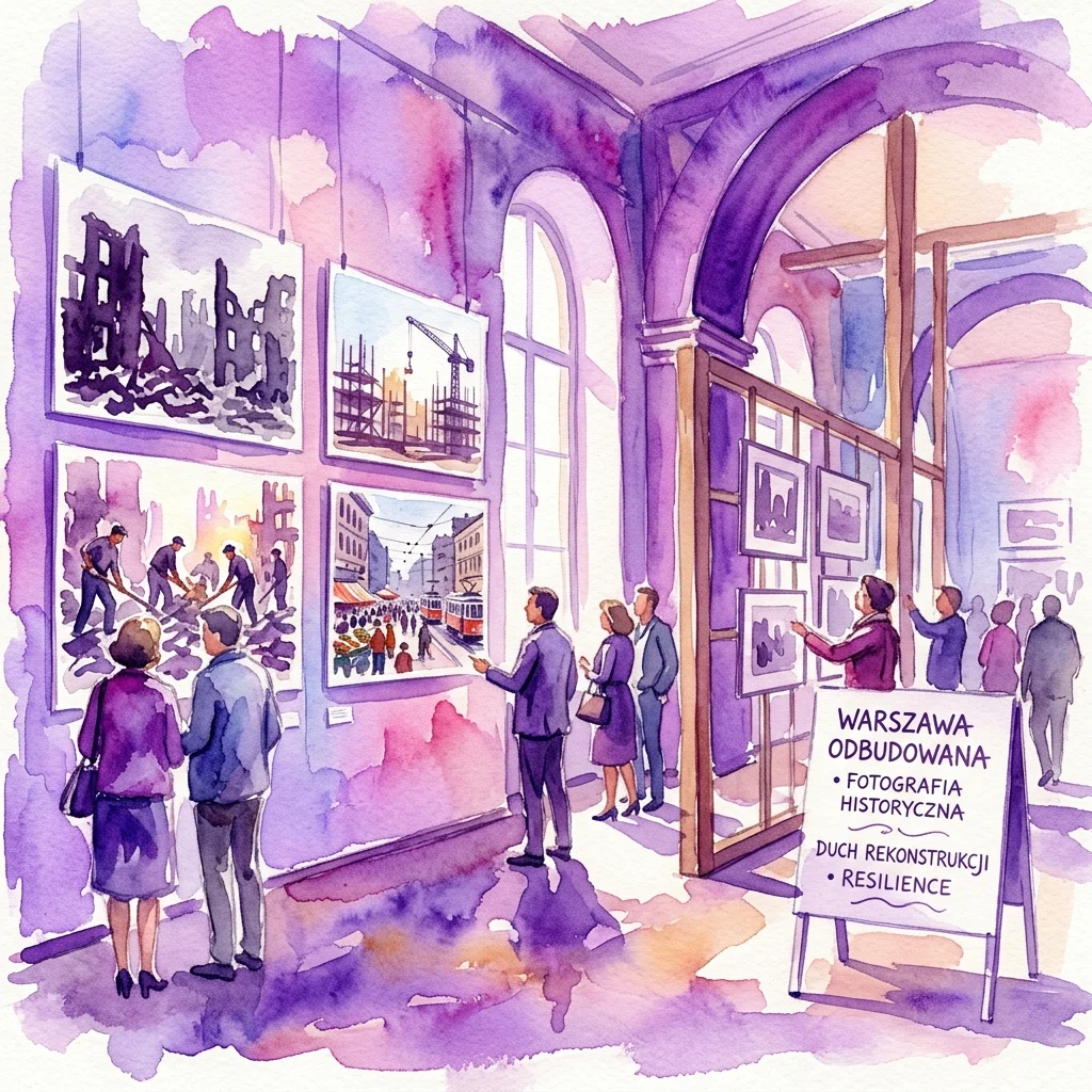 Ilustración en acuarela de visitantes contemplando la exposición fotográfica 'Varsovia Renace', que presenta imágenes históricas de la reconstrucción y resiliencia de Varsovia tras la Segunda Guerra Mundial.