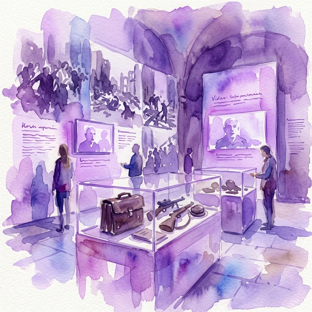 Ilustración en acuarela de la exposición 'Warsaw Rising - Yearning for Freedom', que muestra vitrinas de cristal con un maletín de cuero y armas, fotografías de gran formato y visitantes viendo testimonios en vídeo.