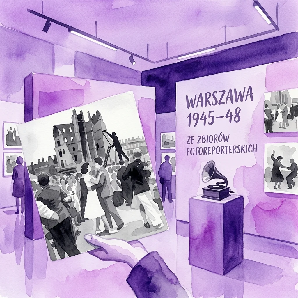 Ilustracja akwarelowa wystawy zatytułowanej 'Warszawa 1945-48', przedstawiająca czarno-białe archiwalne fotografie powojennej odbudowy i życia codziennego, prezentowana w galerii z fioletowym oświetleniem i zabytkowym gramofonem.