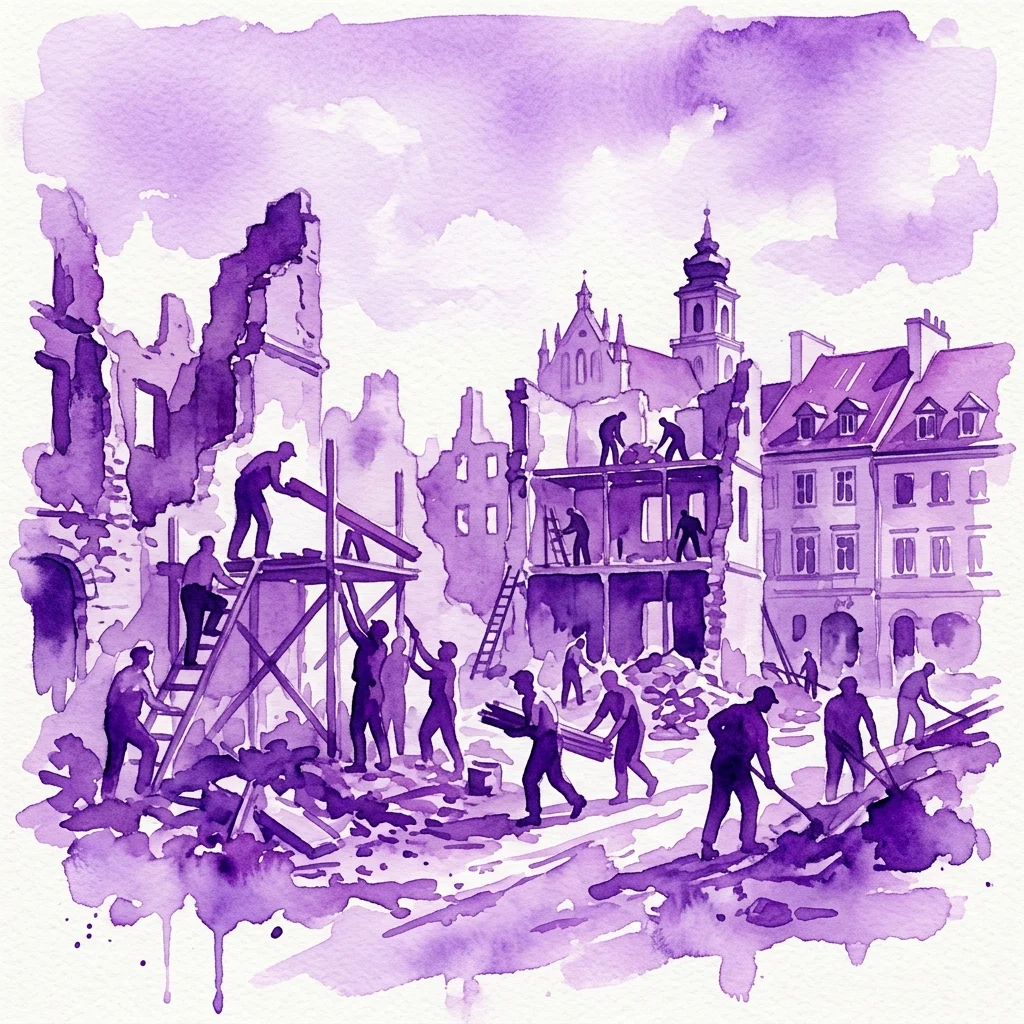 Een paarse aquarelillustratie die de wederopbouw van Warschau na de Tweede Wereldoorlog uitbeeldt, met arbeiders op steigers en te midden van ruïnes, als symbool van veerkracht en reconstructie.