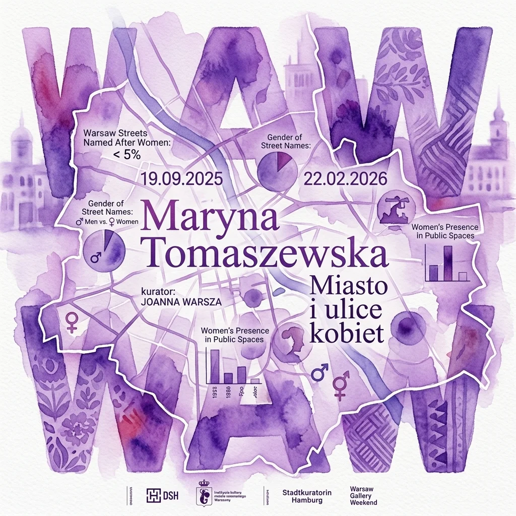 Mapa w stylu akwareli przedstawiający Warszawę z fioletowymi nakładkami ukazującymi feministyczne statystyki dotyczące reprezentacji kobiet w nazwach ulic i przestrzeni publicznej, z tytułem wystawy "WAW: Women's City, Women's Streets" autorstwa Maryny Tomaszewskiej.