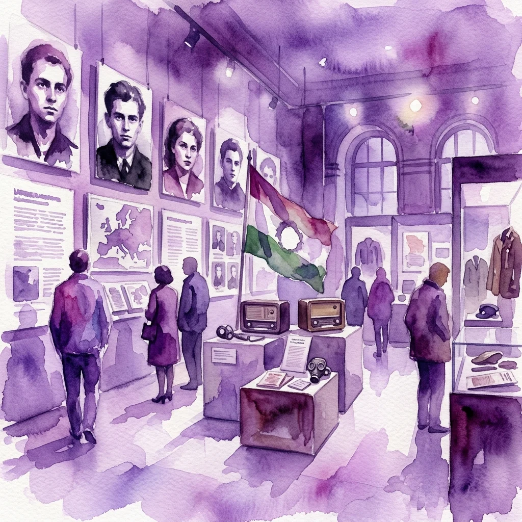 Waterverfillustratie van de tentoonstelling 'Hongarije 1956. Gezichten en Objecten', met portretten van deelnemers, historische artefacten zoals radio's en een gasmasker, en een Hongaarse vlag, terwijl bezoekers de tentoonstelling in een museum bekijken.