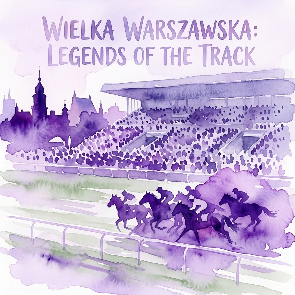 Ilustración en acuarela de una carrera de caballos en Wielka Warszawska, con jinetes y caballos en la pista con el horizonte de la ciudad y espectadores al fondo.