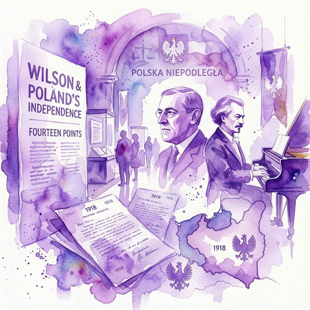 Ilustración de la exposición 'Woodrow Wilson: El Aliado de Polonia', que presenta retratos de Wilson y una figura polaca, documentos de archivo, un piano y un mapa de Polonia con los años 1918-1919, todo en estilo de acuarela púrpura.