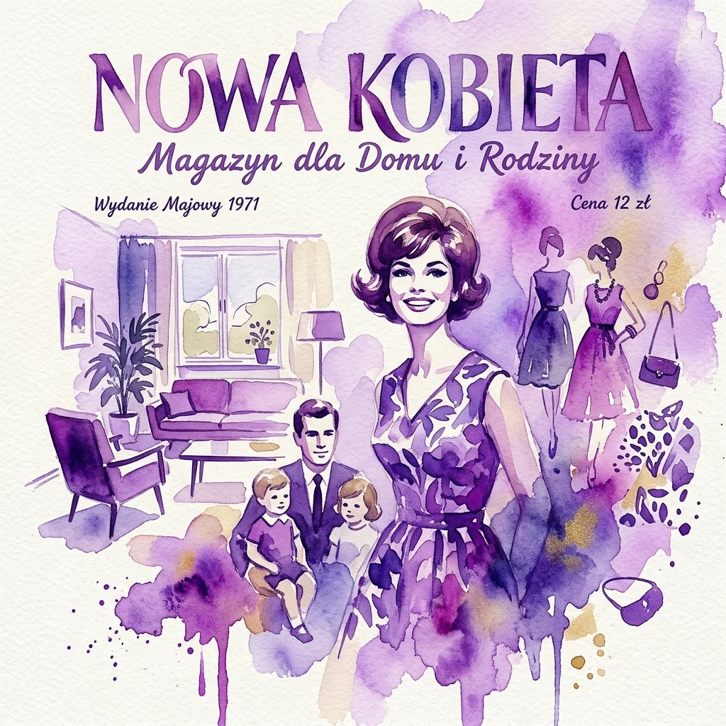 Watercolor illustration of a vintage Polish lifestyle magazine cover titled 'Nowa Kobieta' (New Woman), featuring a family in a modern living room, fashion elements, and a 1971 publication date, reflecting communist-era domestic ideals.