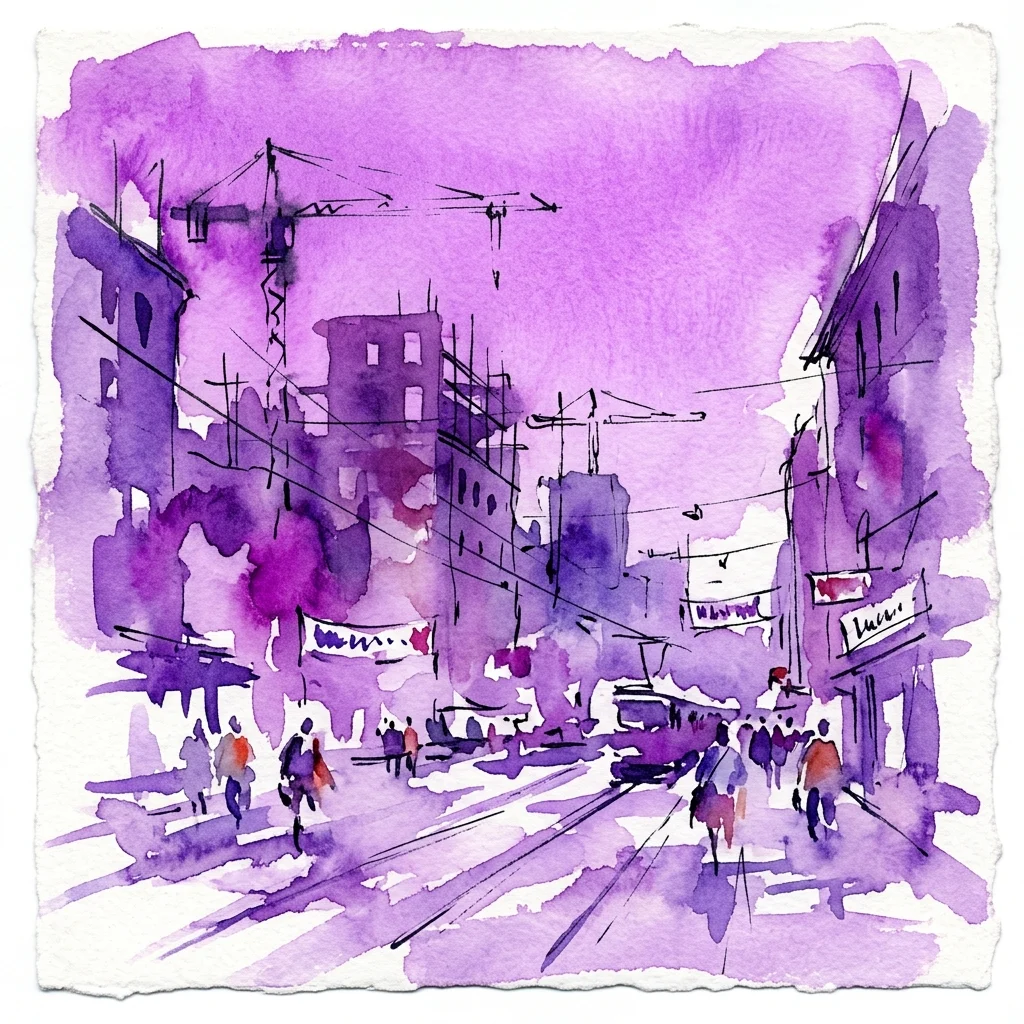 A purple watercolor illustration of a Warsaw street scene with construction cranes, trams, and pedestrians, evoking the city's post-war reconstruction in the 1950s and 60s.