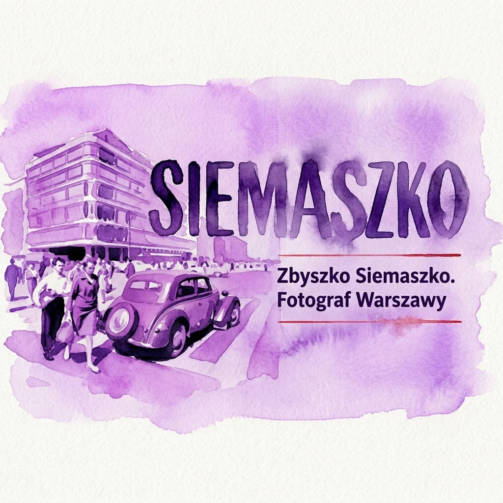 Ilustracja akwarelowa powojennej ulicy Warszawy z przechodniami, starym samochodem i budynkiem, z nazwiskiem Zbyszko Siemaszko i napisem „Fotograf Warszawy” w kolorze fioletowym.