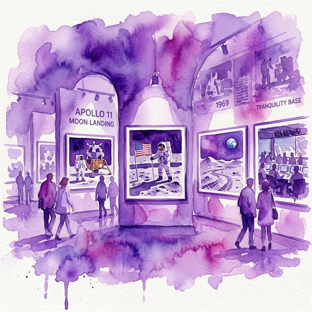 Een aquarelillustratie van de tentoonstelling 'Zdobyć Księżyc', die de Apollo 11 maanlanding van NASA met astronauten, maanlandschappen en missiecontroledisplays in een museumgalerij laat zien.