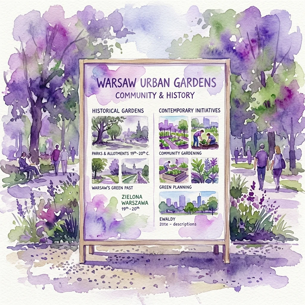Zewnętrzny panel wystawy zatytułowany 'Warsaw Urban Gardens: Community & History' prezentujący akwarelowe ilustracje historycznych i współczesnych inicjatyw ogrodniczych w Warszawie, w tym parków, ogrodów społecznych oraz planowania terenów zielonych od XIX do XXI wieku.