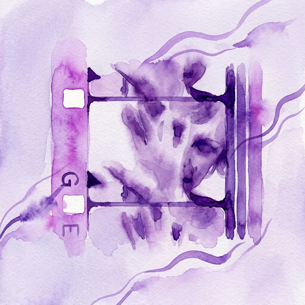 Paarse aquarelillustratie van een filmstrip met abstracte vormen en de letters G en E, die Alan Berliner's documentaire 'Życie bez snu' (Leven zonder slaap) voorstellen.