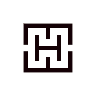 dark red geometric logo on black background