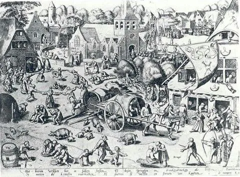 Historyczny czarno-biały sztych przedstawiający scenę z tętniącej życiem średniowiecznej wioski z licznymi postaciami, świniami, dużym wozem konnym, budynkami, w tym kościołem, oraz różnymi codziennymi zajęciami, z napisem wzdłuż dolnej krawędzi.