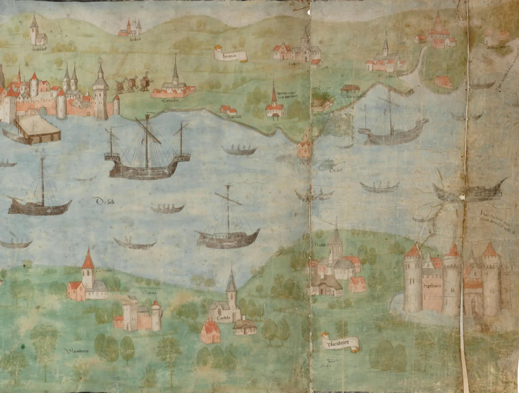 Pintura o mapa histórico envejecido que muestra un río con varios barcos de vela, flanqueado por orillas verdes con castillos e iglesias de tejados rojos.