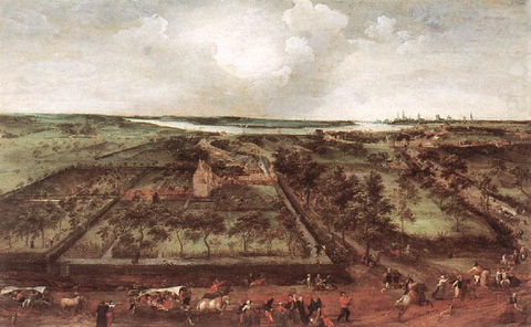 Pintura de paisaje histórico que muestra una vista panorámica de una finca rural con un castillo, campos, árboles y figuras con ganado en primer plano bajo un cielo nublado