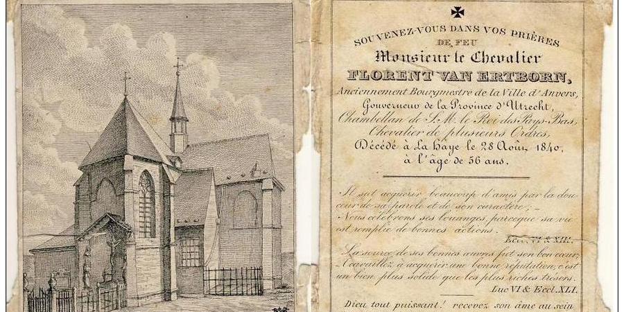 Escaneo de un libro abierto del siglo XIX que muestra un grabado detallado de una iglesia gótica en la página izquierda y una esquela impresa en francés de Florent van Ertborn en la página derecha.