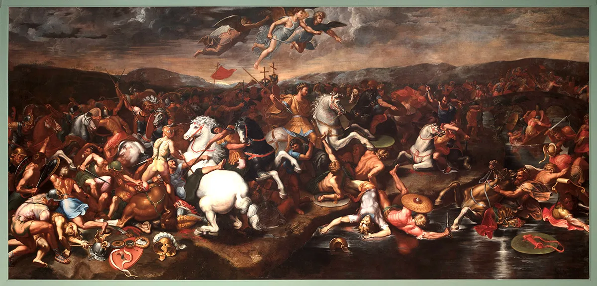 Un gran cuadro horizontal que representa una escena de batalla caótica con numerosas figuras, caballos y un cielo dramático.
