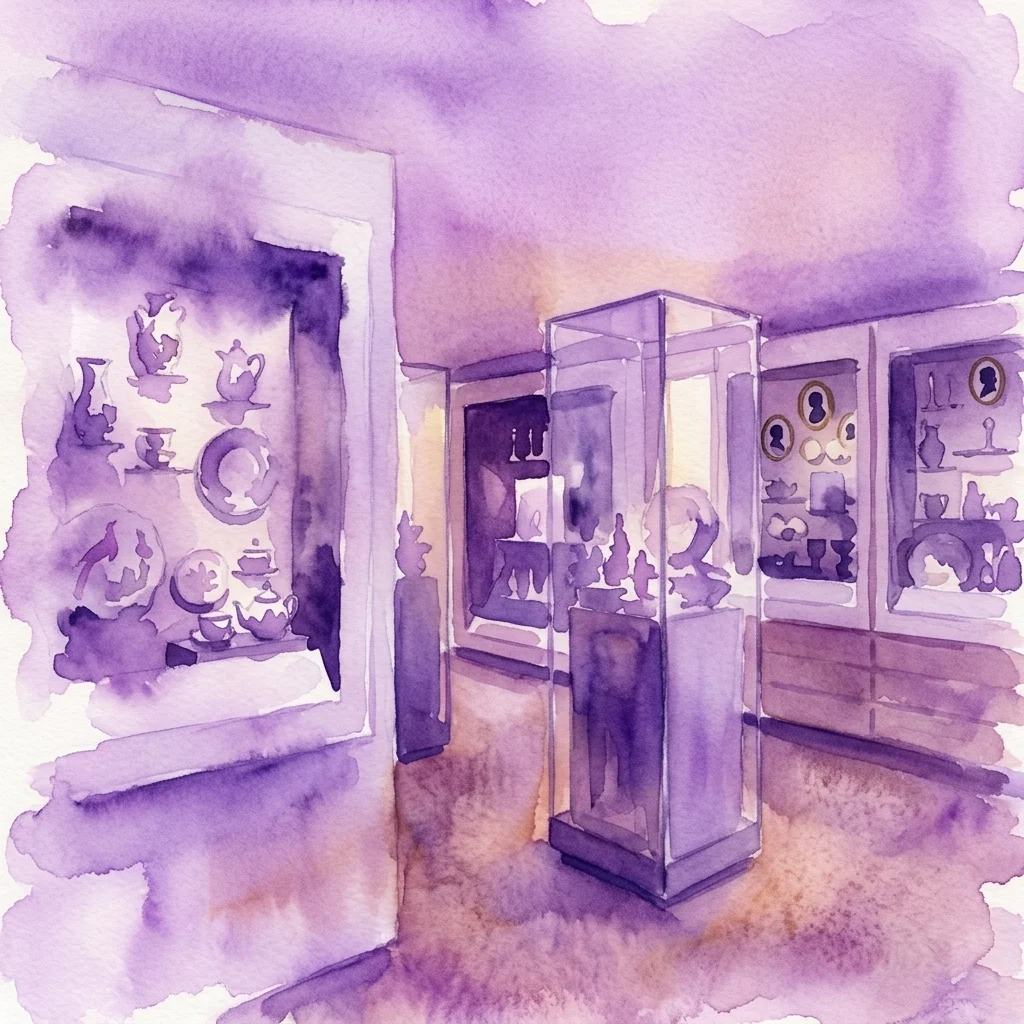 Ilustración en acuarela de tonos púrpuras que muestra el interior de una galería con vitrinas de cristal que contienen porcelana, platos y objetos decorativos dispuestos en las paredes, además de una vitrina exenta central.