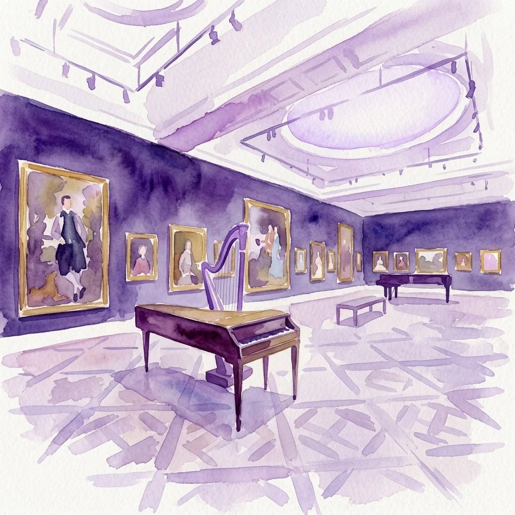 Ilustración en acuarela de una galería del siglo XVIII con paredes de color púrpura intenso, retratos en marcos dorados, un fortepiano y un arpa, y suelos de madera pulida.
