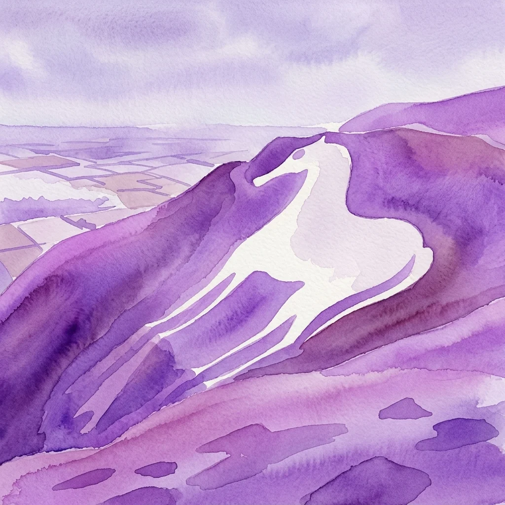 Watercolor painting of rolling purple chalk hills with a white horse figure carved into the hillside beneath a soft overcast sky, inspired by the South Downs.
