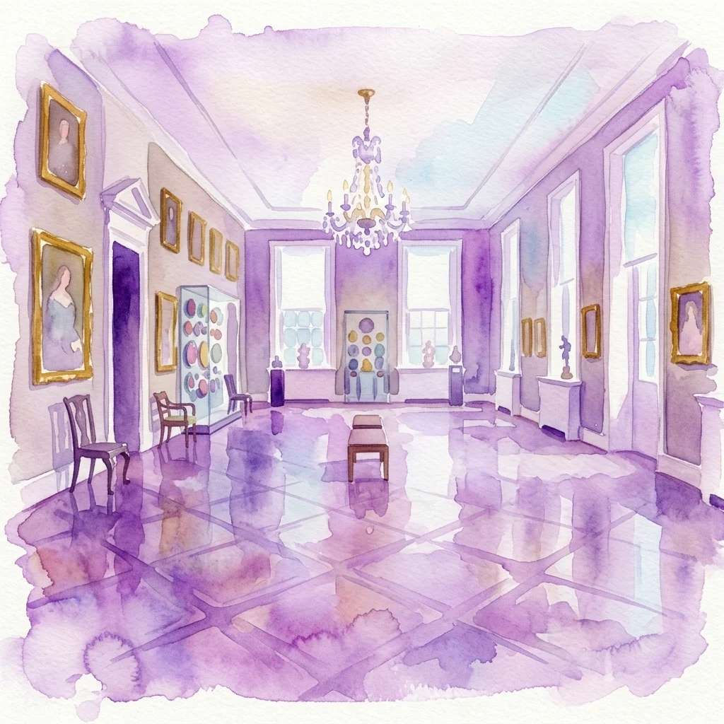 Ilustración en acuarela de la galería Ballroom del Holburne Museum, que muestra una lámpara de araña, ventanales altos, retratos enmarcados y objetos decorativos en vitrinas de cristal.