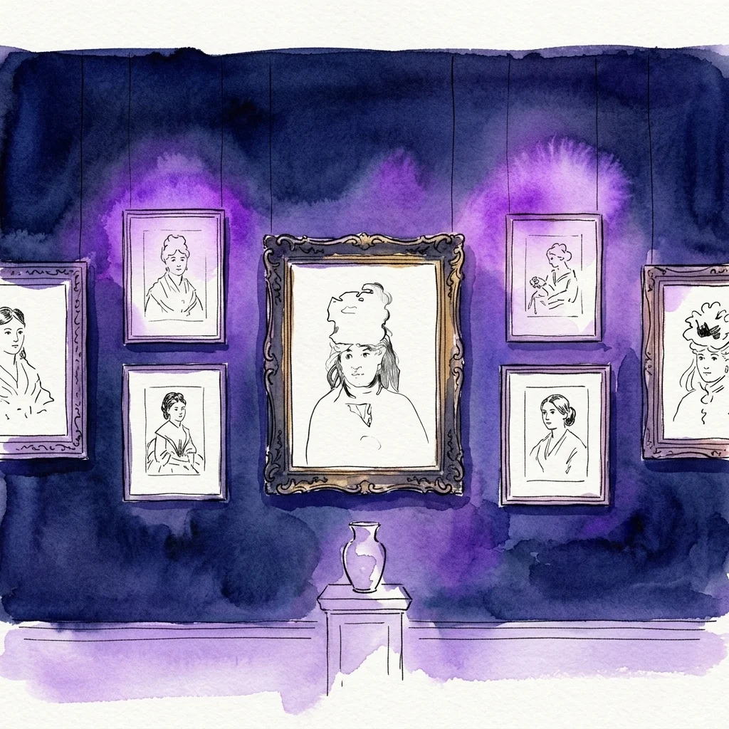 Illustration of a gallery wall with ornately framed black and white portraits and figure prints, lit by purple spotlights above a small pedestal.