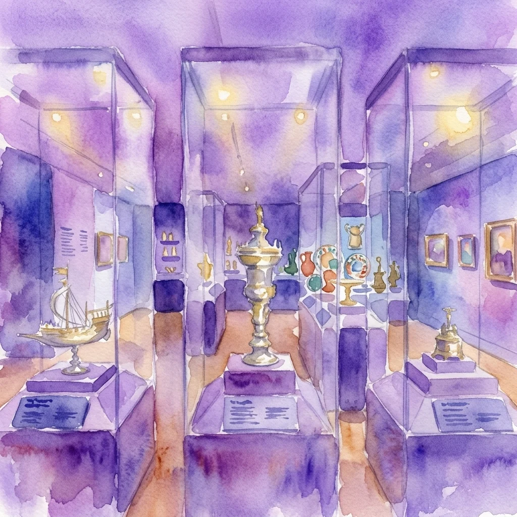 Ilustración en acuarela del interior de The Schroder Gallery, donde se muestran vitrinas iluminadas con tesoros de plata del Renacimiento del siglo XVI y cerámica mayólica.