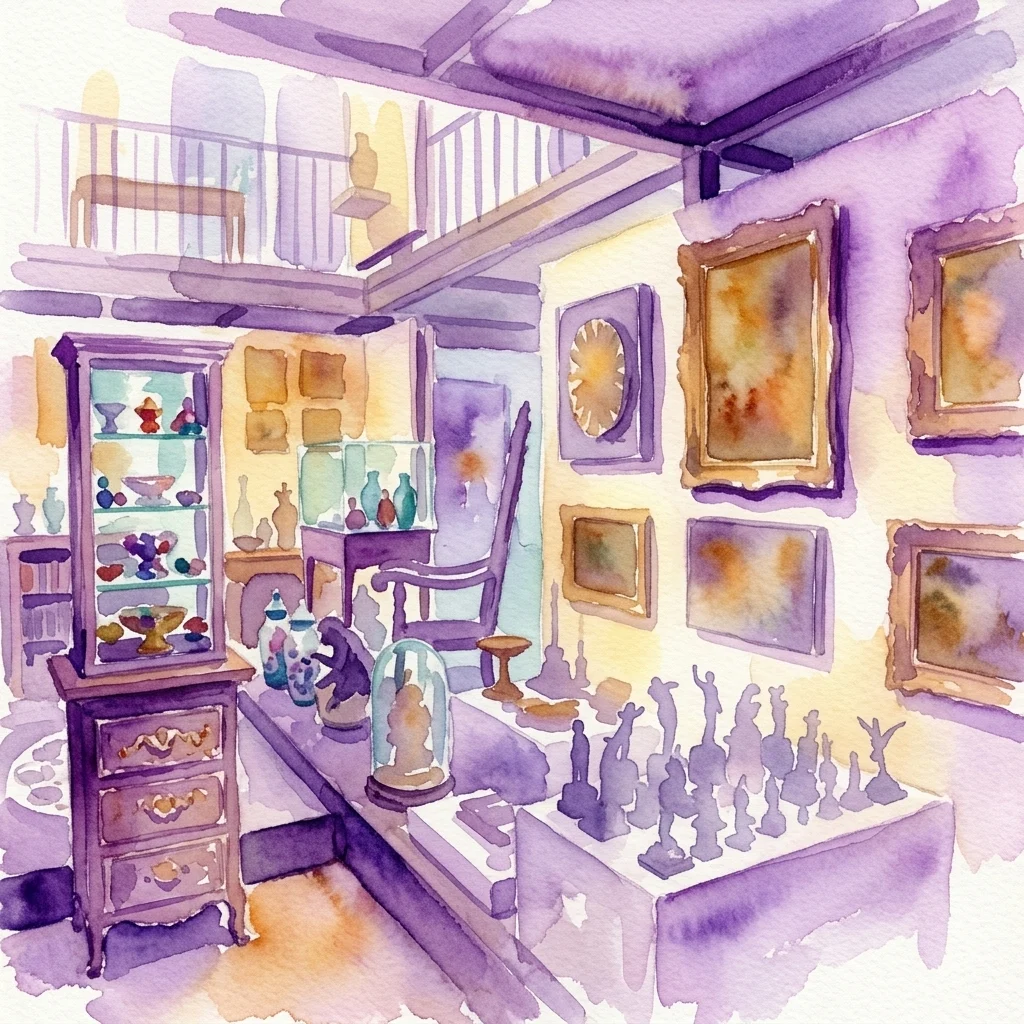 Ilustración en acuarela del interior de la Posnett Gallery, que muestra vitrinas de cristal repletas de artefactos y figuras en miniatura, junto a cuadros enmarcados sobre paredes de tonos cálidos.