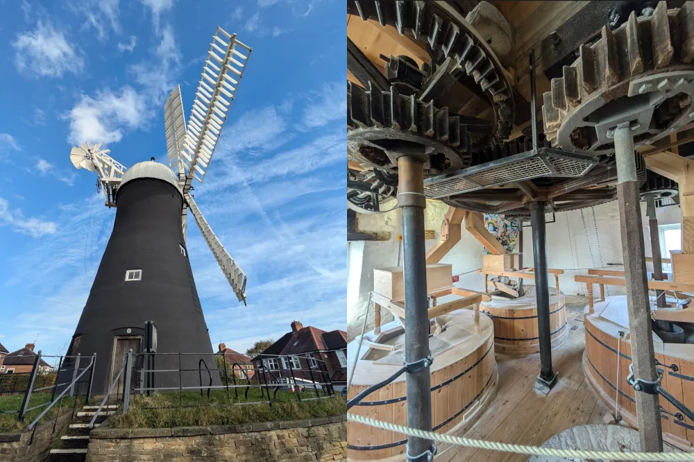 Imagen dividida que muestra la torre negra del Holgate Windmill con cinco aspas blancas contra un cielo azul a la izquierda, y el mecanismo interior de engranajes de madera con piedras de molino y columnas de soporte de hierro a la derecha