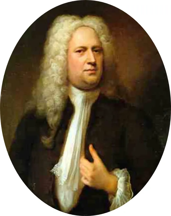 Ovaal portret van een man met lang wit krullend haar, gekleed in een zwarte jas en witte cravate, geïdentificeerd als George Frideric Handel.