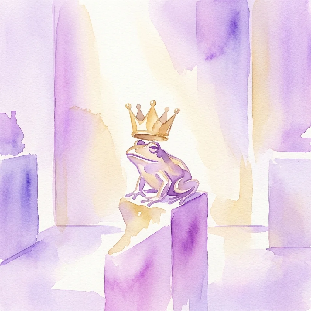 Ilustración en acuarela de una rana morada con una corona dorada posada sobre un pedestal, que evoca el cuento del Príncipe Rana para la exposición de 2026.