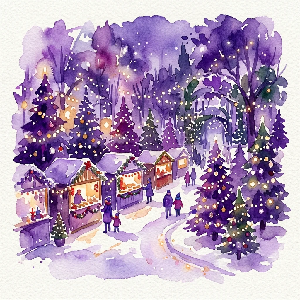 Festive Christmas market at Blumengärten Hirschstetten with decorated stalls, illuminated Christmas trees, and visitors enjoying the winter wonder atmosphere.