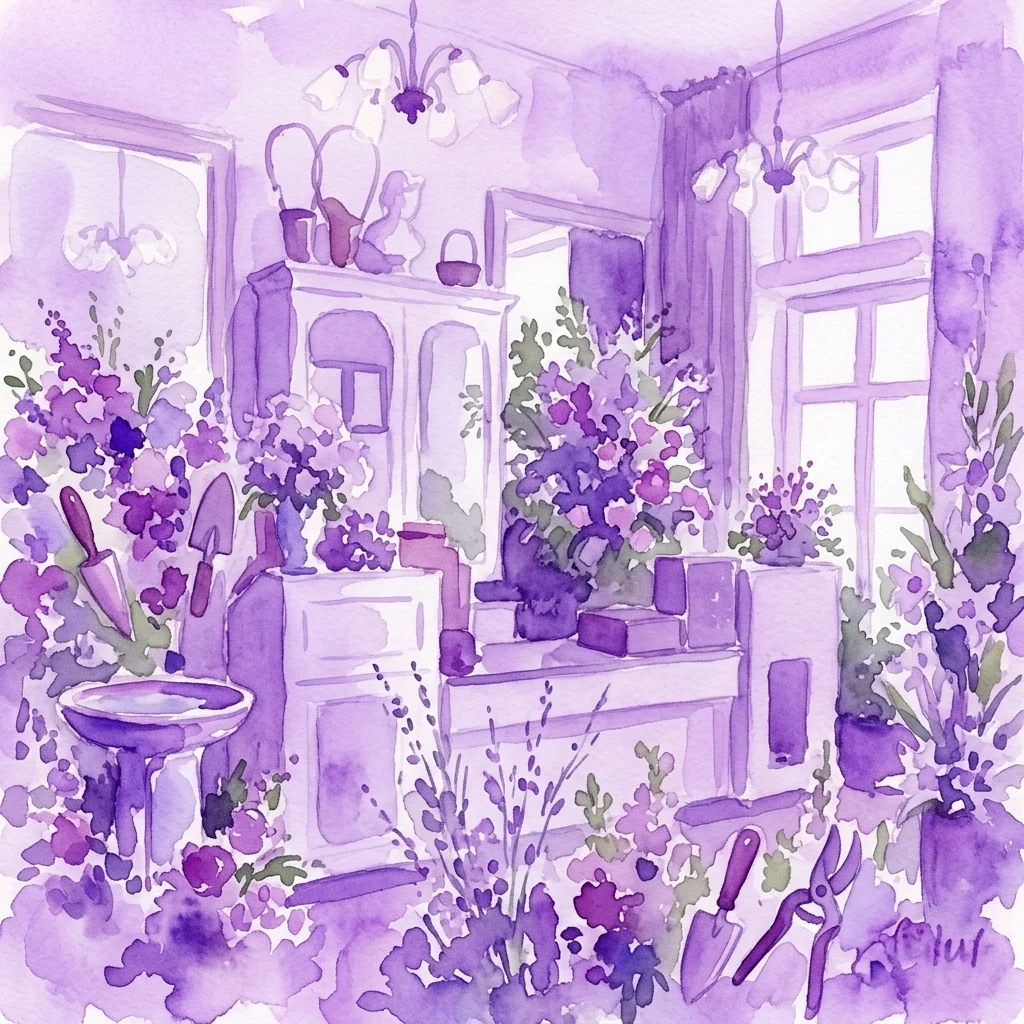 A watercolor illustration of a museum exhibit featuring gardening tools, floral arrangements, and vintage furniture, representing the history of Austrian horticulture at the Austrian Museum of Horticulture.
