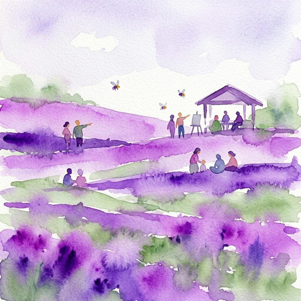 A watercolor illustration of lavender fields in bloom at Hirschstetten Gardens, with visitors enjoying the scenery, children's activities, and a shaded pavilion.