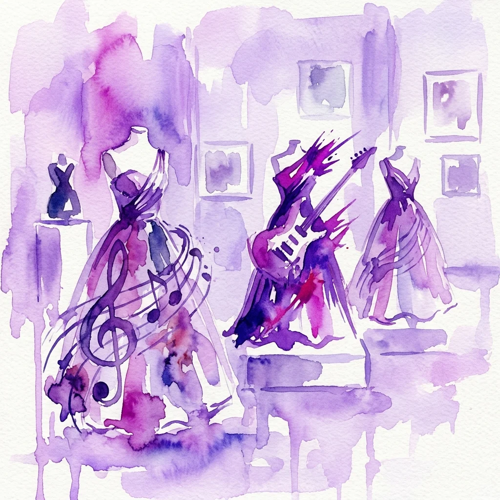 Ilustracja akwarelowa sukni haute couture na manekinach w galerii, z nutami i gitarą, przedstawiająca współpracę między Magdaleną Koženą a Danielą Flejšarovou.