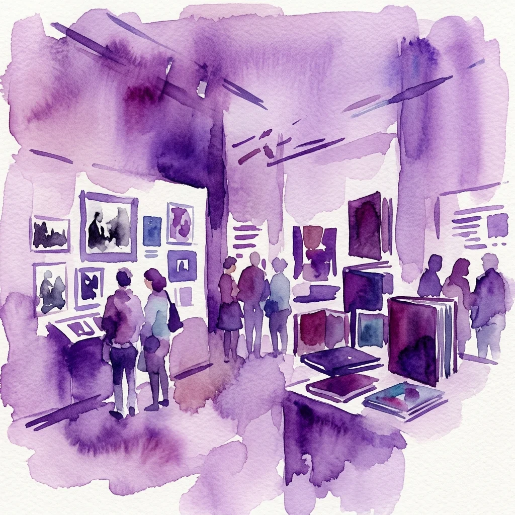 Ilustracja akwarelowa przedstawiająca zwiedzających oglądających wystawę retrospektywną poświęconą Praskiej Szkole Grafiki, zawierającą oprawione dzieła sztuki, książki i przedmioty wzornicze w galerii.