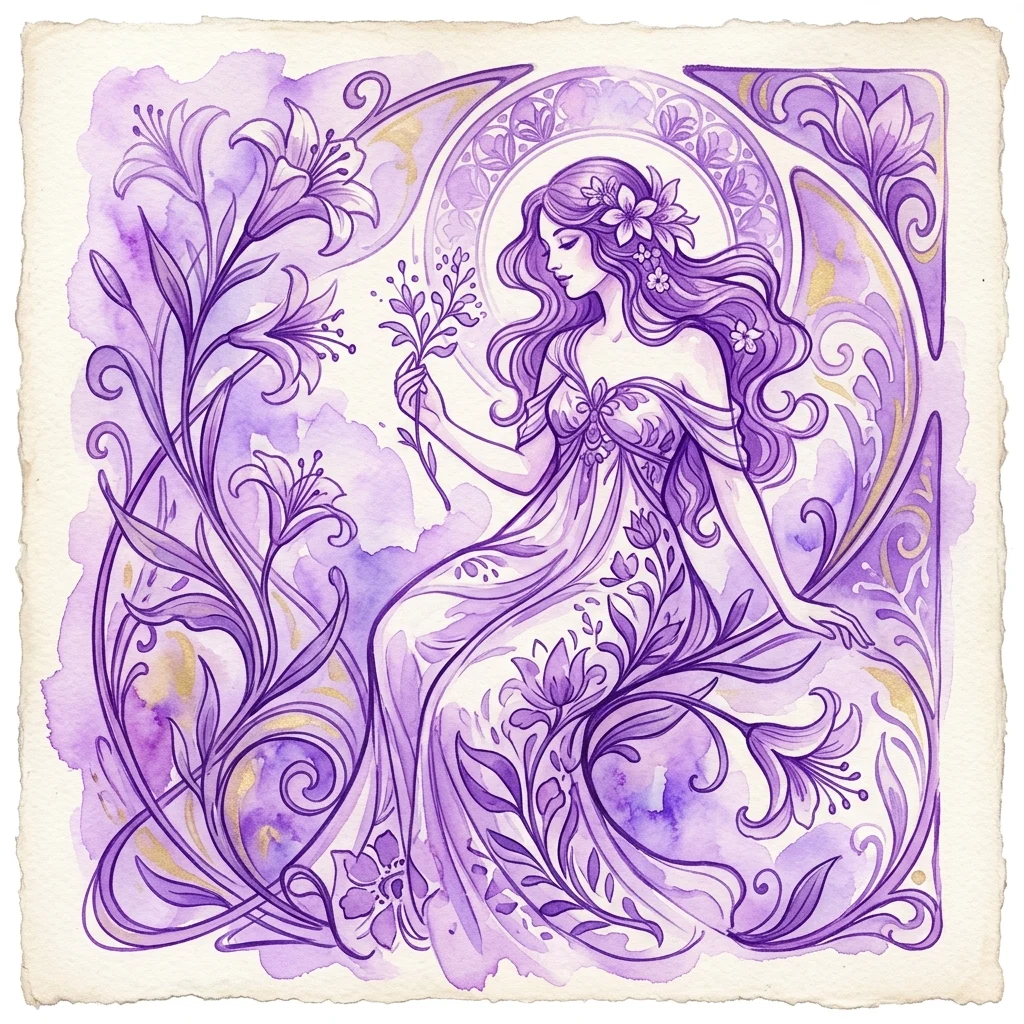 Ilustracja w stylu Art Nouveau przedstawiająca kobietę w zwiewnej fioletowej sukni otoczoną liliami i motywami kwiatowymi, inspirowana stylem Alphonse Muchy.