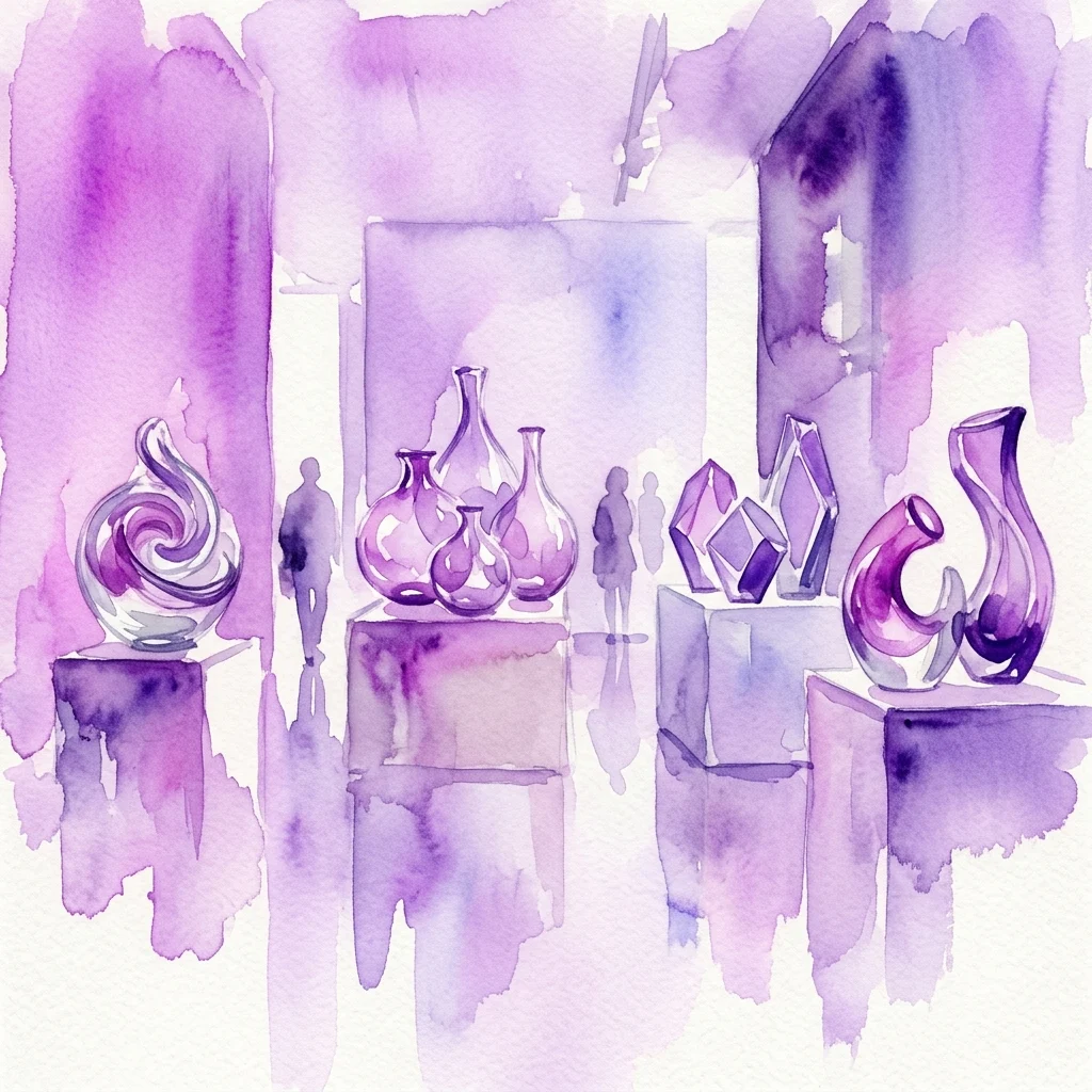 Een aquarelillustratie van een museumgalerie met diverse glazen sculpturen op sokkels, met paarse en witte tinten en silhouetten van bezoekers op de achtergrond.