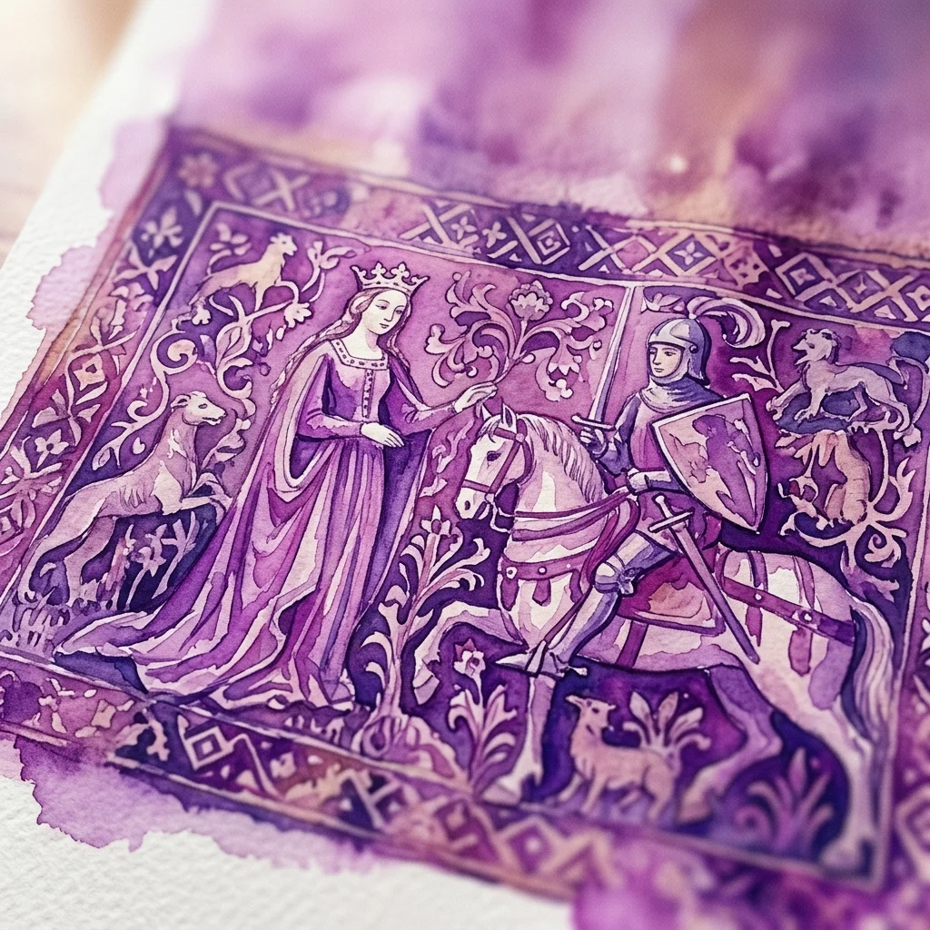 Zbliżenie fioletowej akwarelowej ilustracji przedstawiającej średniowiecznego rycerza na koniu i ukoronowaną królową, otoczonych ozdobnymi obramowaniami i zwierzętami, nawiązujących do wzoru historycznego gobelinu.
