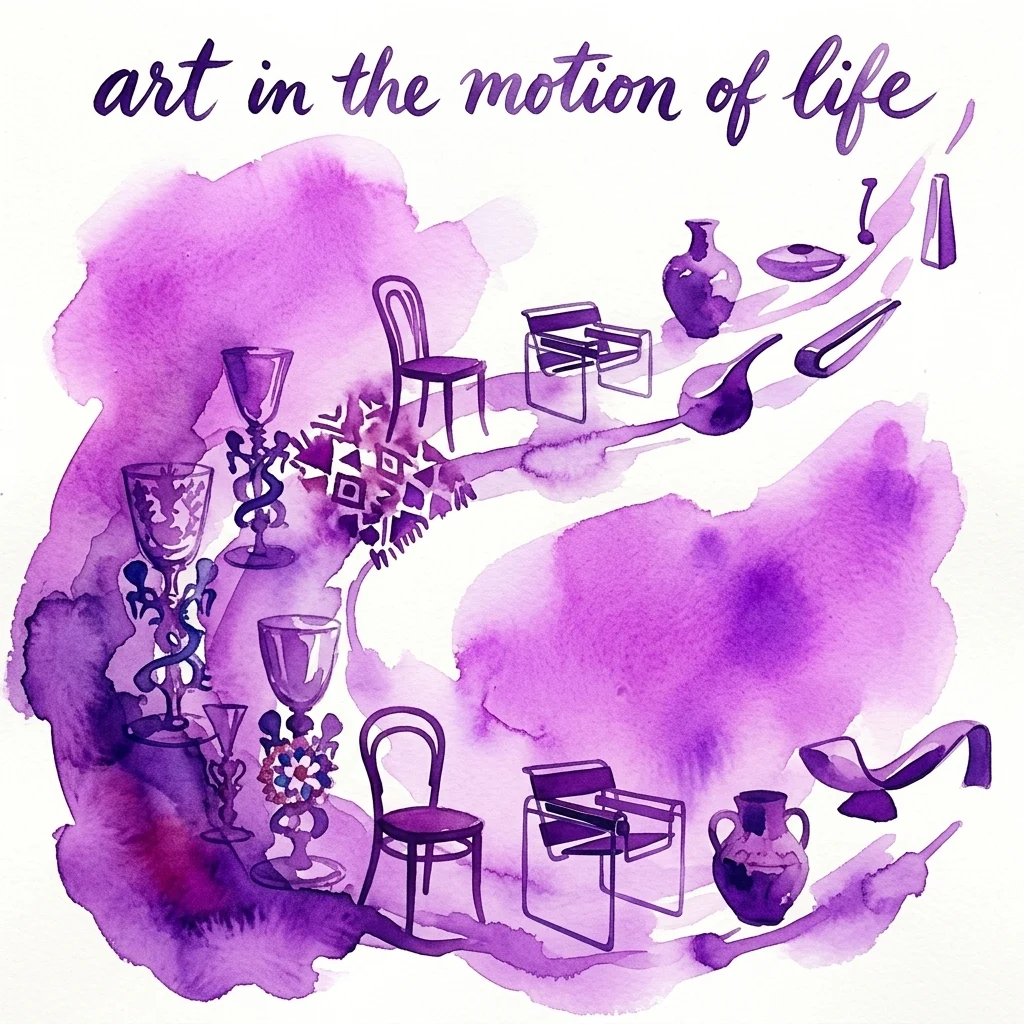 Ilustración en acuarela de objetos de artes aplicadas y diseño europeos, incluyendo sillas, jarrones y copas, organizados bajo el tema 'el arte en el movimiento de la vida' desde la Edad Media hasta el siglo XXI.