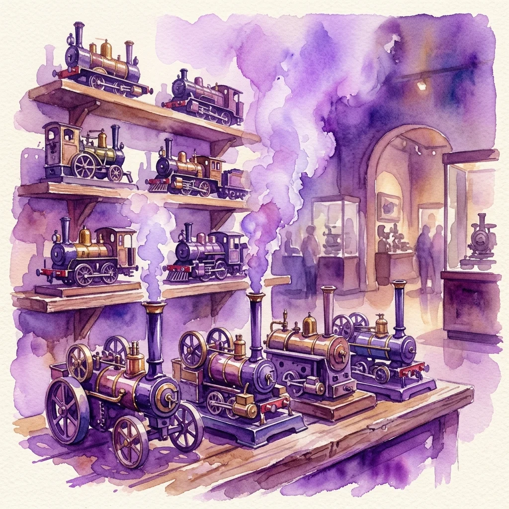 Ilustracja akwarelowa zabytkowych zabawek parowych na wystawie w muzeum, z efektami fioletowego dymu i zwiedzającymi w tle.