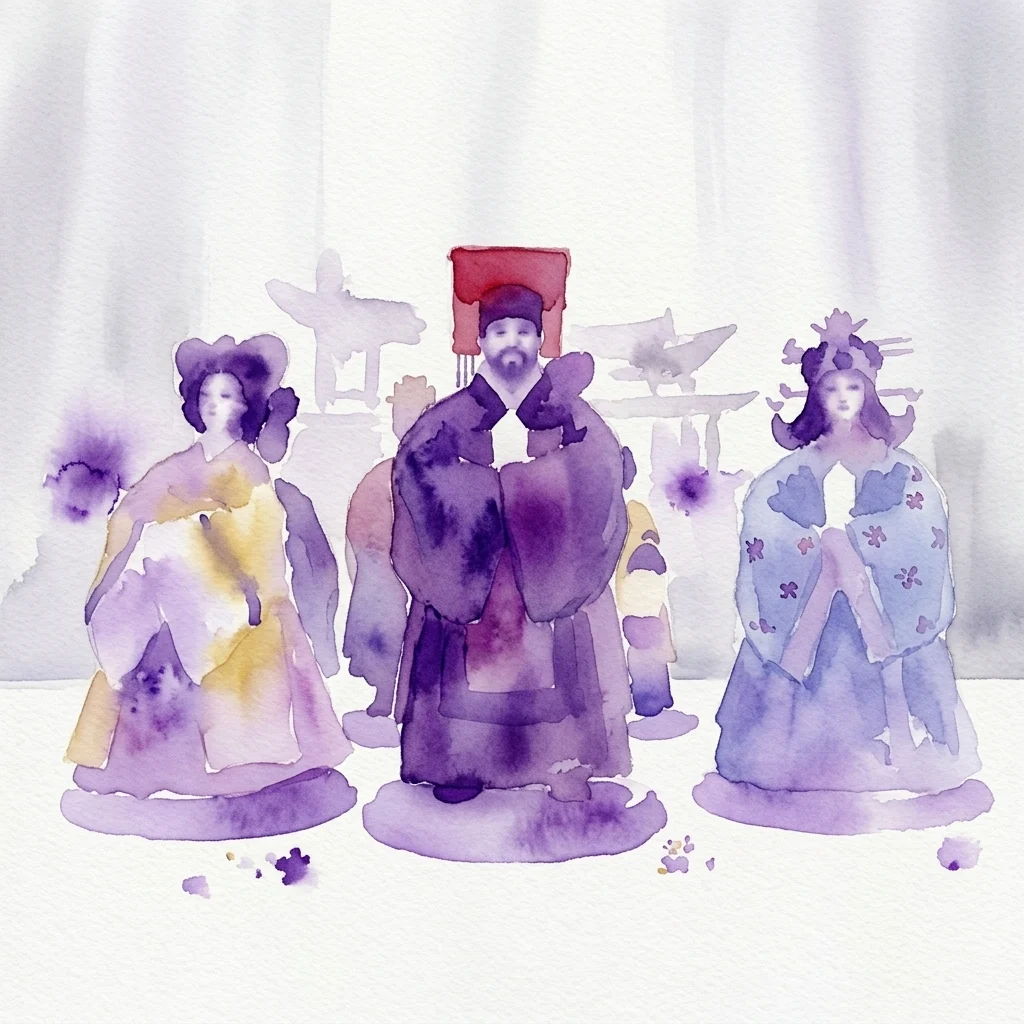 Ilustracja akwarelowa trzech koreańskich lalek porcelanowych w tradycyjnych strojach dynastii Joseon, prezentowanych w muzealnej oprawie.